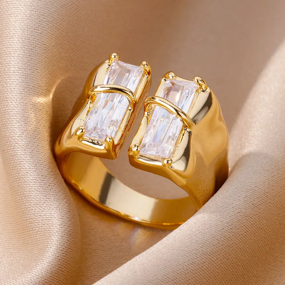 18K Gold-Plated Statement Ring with Double Rectangular-Cut Zirconia Stones – Urban Gear