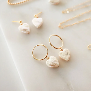 Handmade freshwater pearl heart earrings with gold-plated hoops