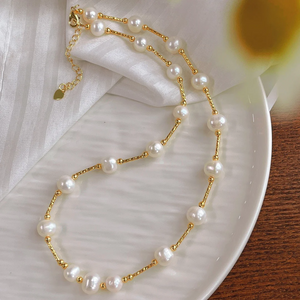 Timeless Freshwater Pearl Necklace – 18K Gold-Plated Accents