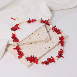 Red Coral & Pearl Jewelry Set – Handmade Boho Necklace, Bracelet & Earrings
