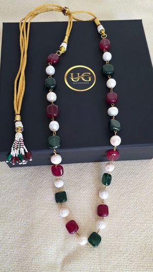 Handcrafted ruby and emerald healing stone necklace with freshwater pearls – luxury and energy jewelry by Urban Gear
