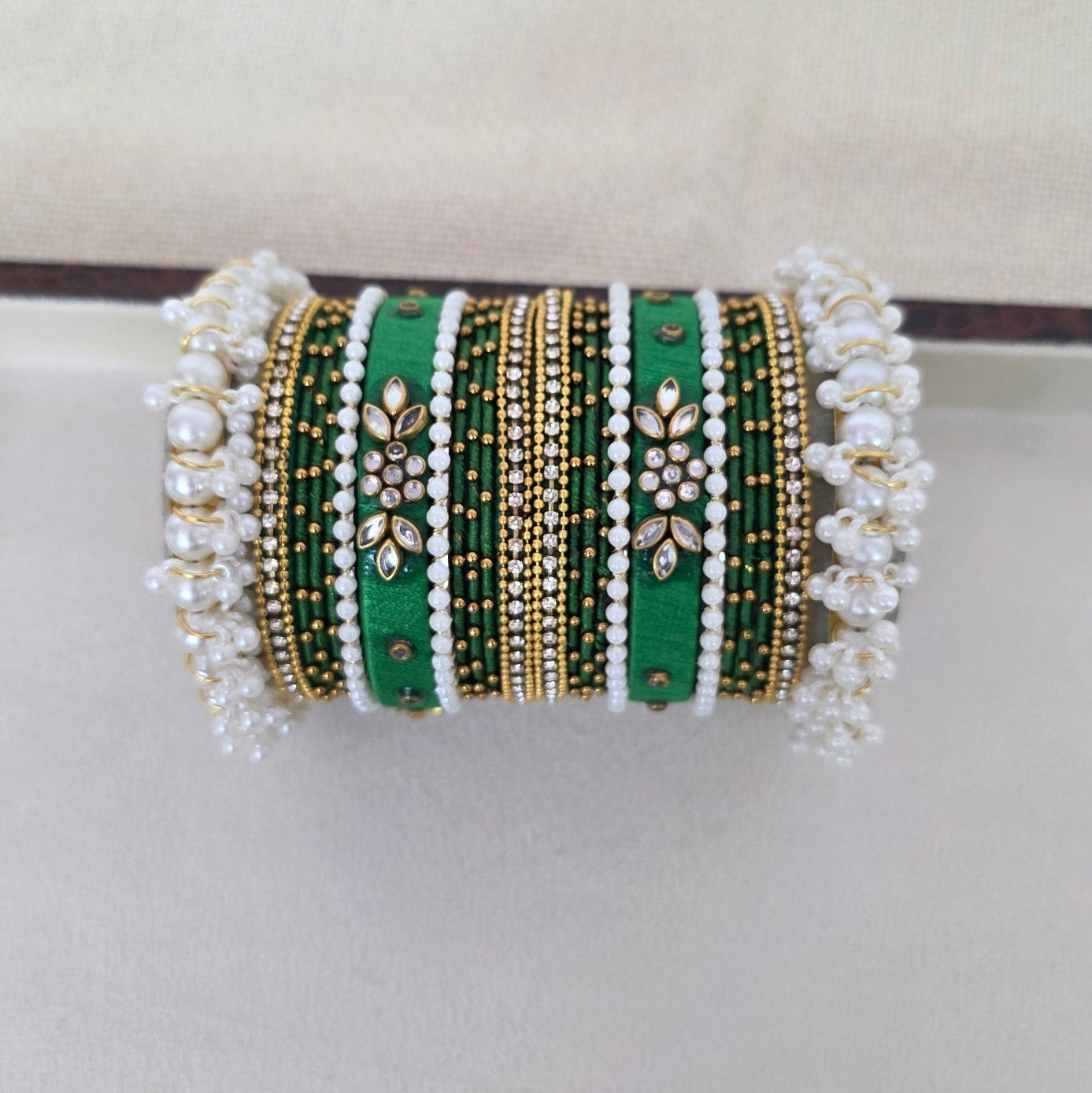 Handcrafted green Kundan and pearl bangles set – traditional festive jewelry by Urban Gear