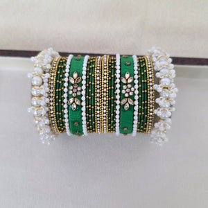 Handcrafted green Kundan and pearl bangles set – traditional festive jewelry by Urban Gear