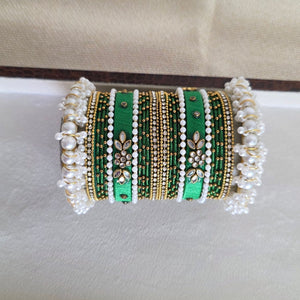 Handcrafted green Kundan and pearl bangles set – traditional festive jewelry by Urban Gear