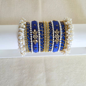 Royal blue Kundan and pearl bangles set – handcrafted festive jewelry by Urban Gear