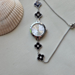 Elegant silver black clover bracelet watch with crystal accents – luxury women’s jewelry by Urban Gear