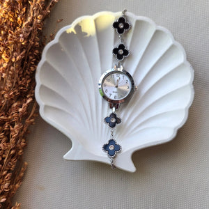 Elegant silver black clover bracelet watch with crystal accents – luxury women’s jewelry by Urban Gear