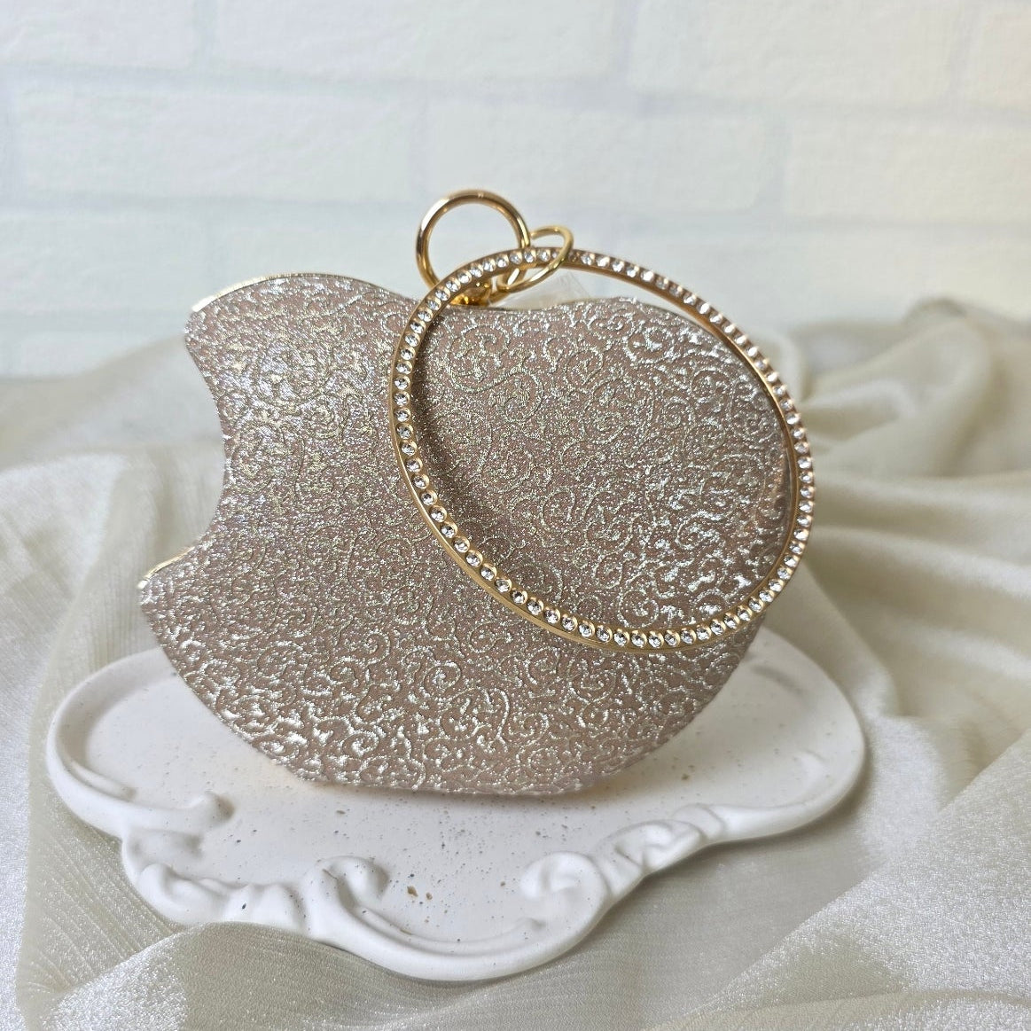 Luxury gold crystal clutch with round ring handle – evening and party handbag by Urban Gear