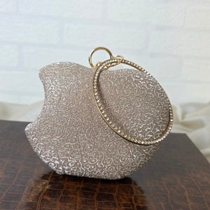 Luxury gold crystal clutch with round ring handle – evening and party handbag by Urban Gear
