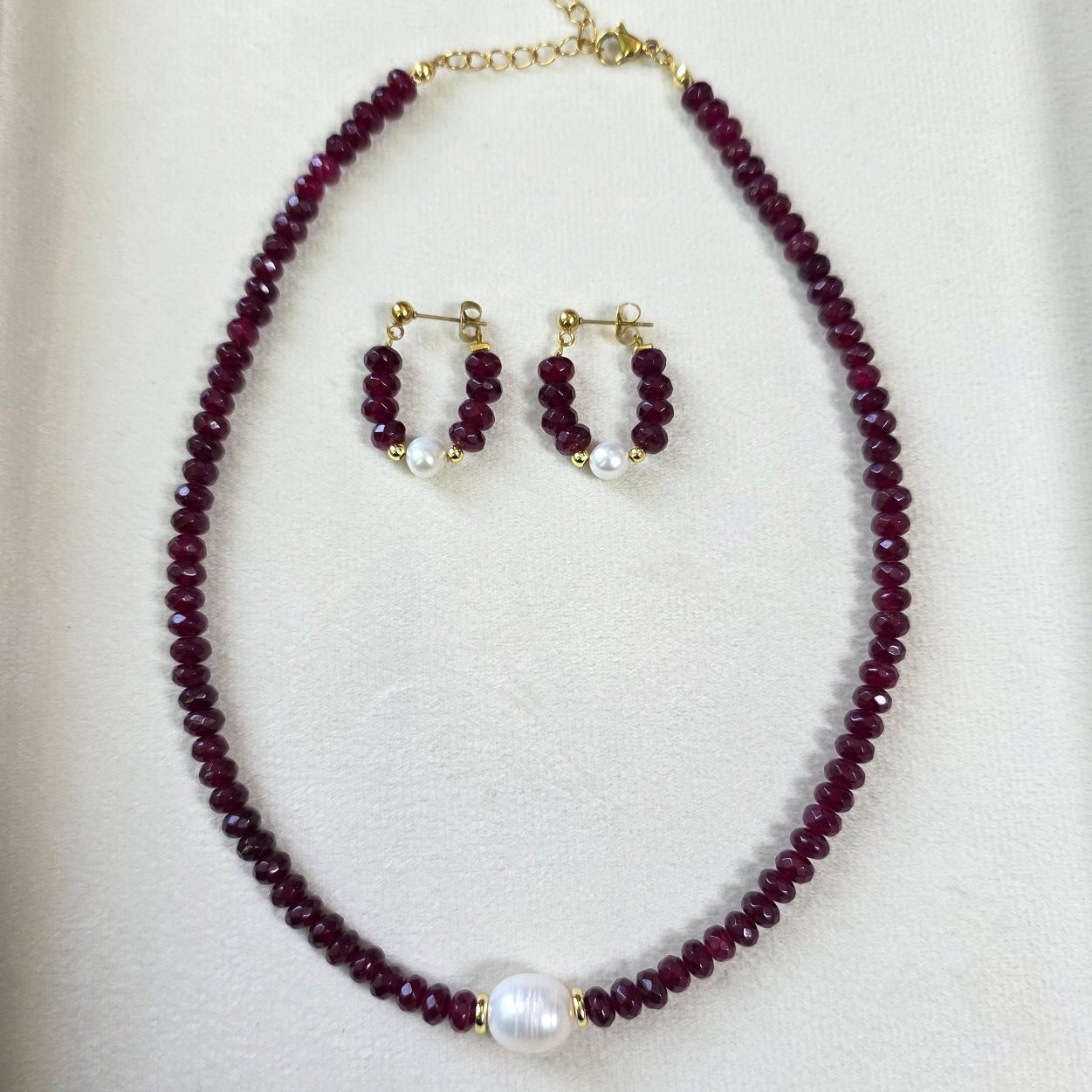 by beaded necklace set with natural freshwater pearl and matching earrings