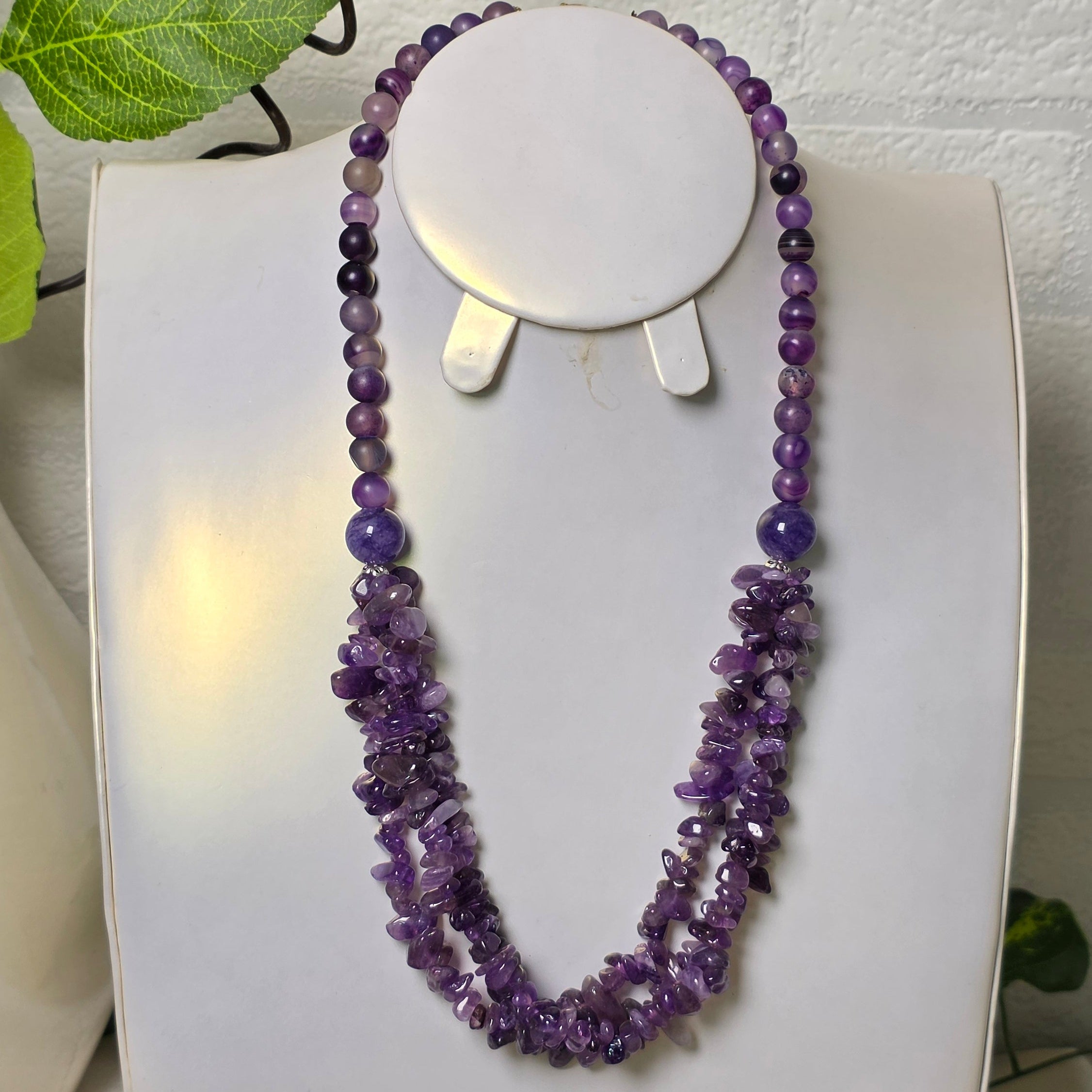Natural amethyst chip necklace with round beads – handmade purple gemstone necklace