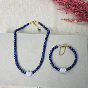 Blue freshwater pearl necklace and bracelet set for women