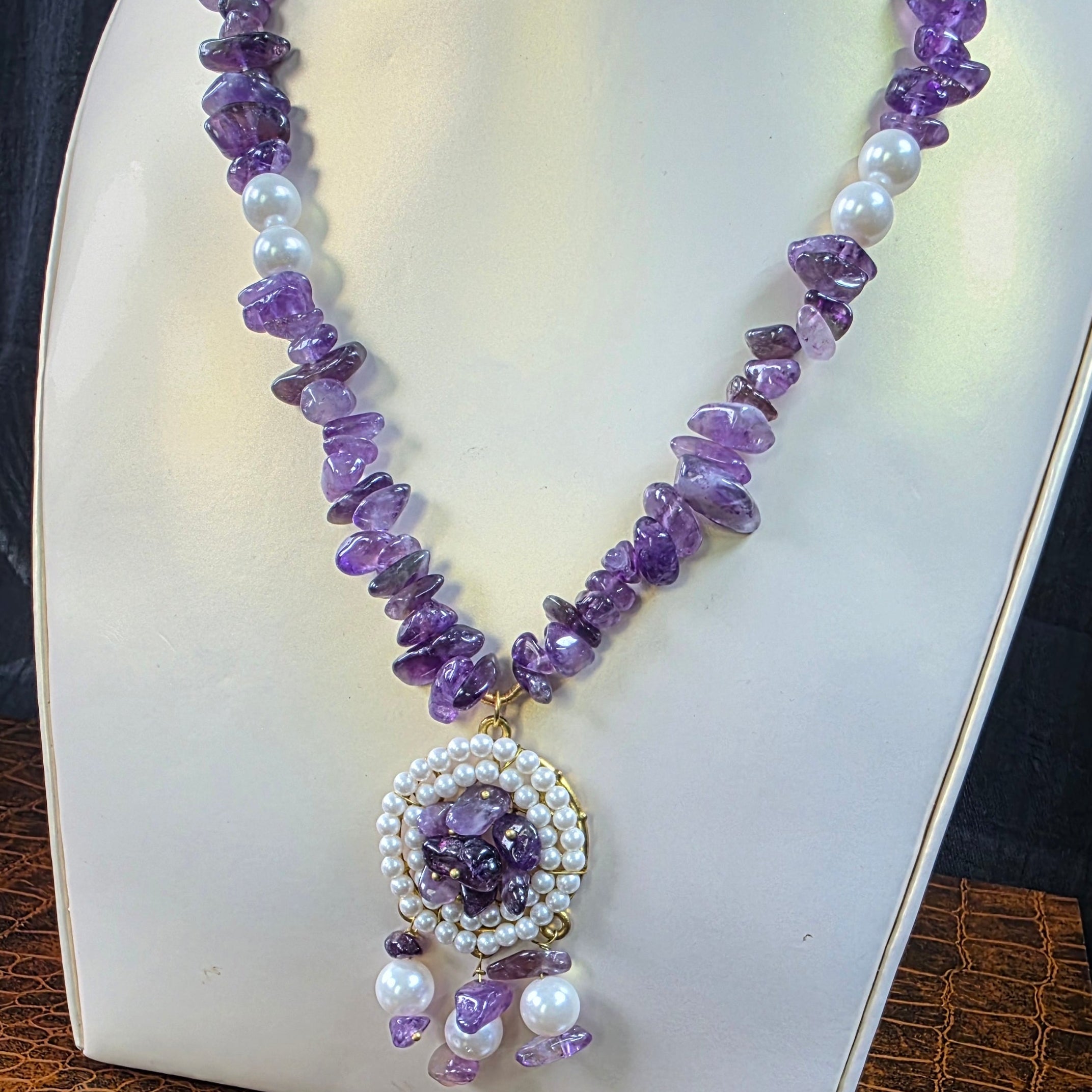 Amethyst necklace with pearl pendant