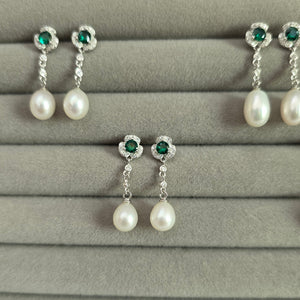 Emerald Green Zircon and Pearl Earrings