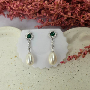 Emerald Green Zircon and Pearl Earrings