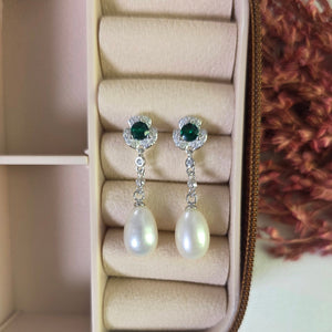 Emerald Green Zircon and Pearl Earrings