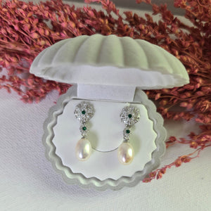 Freshwater Pearl Drop Earrings with Green Zircon in Sterling Silver