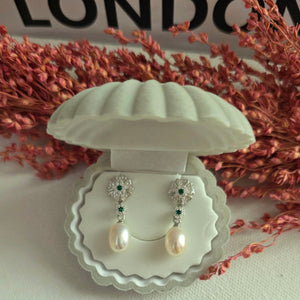 Pure 925 Silver Pearl Earrings with Floral Zircon Design