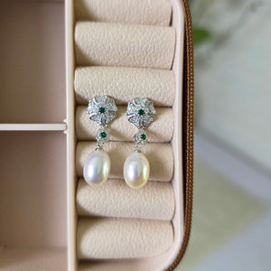 Freshwater Pearl Drop Earrings with Green Zircon in Sterling Silver