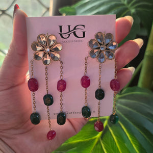 uxury Ruby Green Jade Kundan Floral Statement Earrings Gold Plated