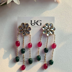 uxury Ruby Green Jade Kundan Floral Statement Earrings Gold Plated