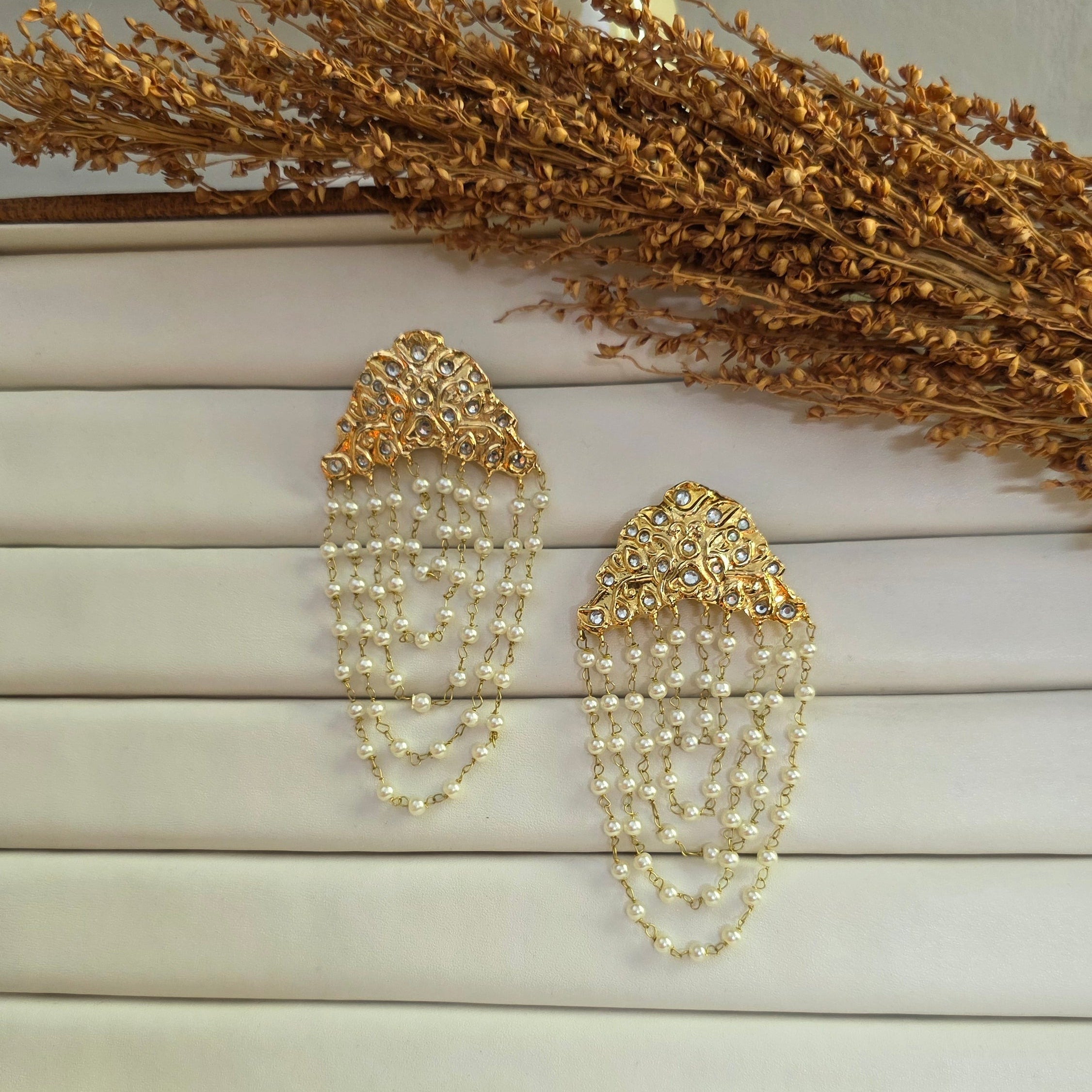 Luxury Kundan Pearl Chain Tassel Earrings