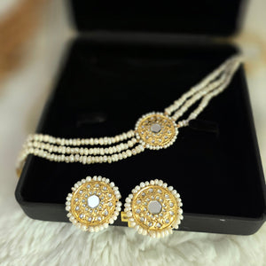Freshwater pearl multi-strand Kundan choker necklace set with matching earrings