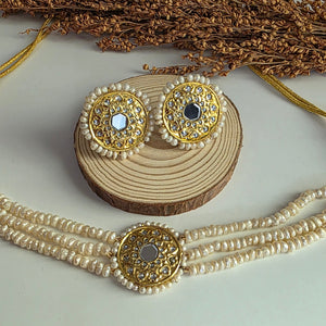 Freshwater pearl multi-strand Kundan choker necklace set with matching earrings