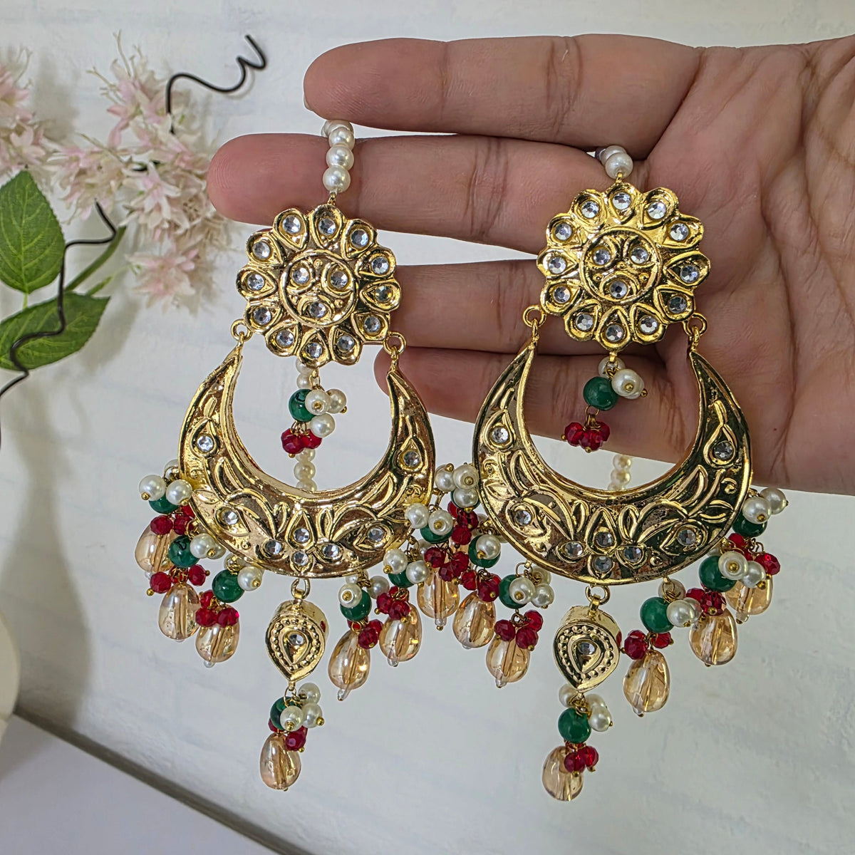 Gold plated Thappa Kundan statement earrings for women