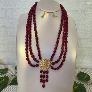 Original Ruby Jade Stone 3 layer necklace with gold-tone centerpiece
