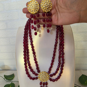 Original Ruby Jade Stone 3 layer necklace with gold-tone centerpiece