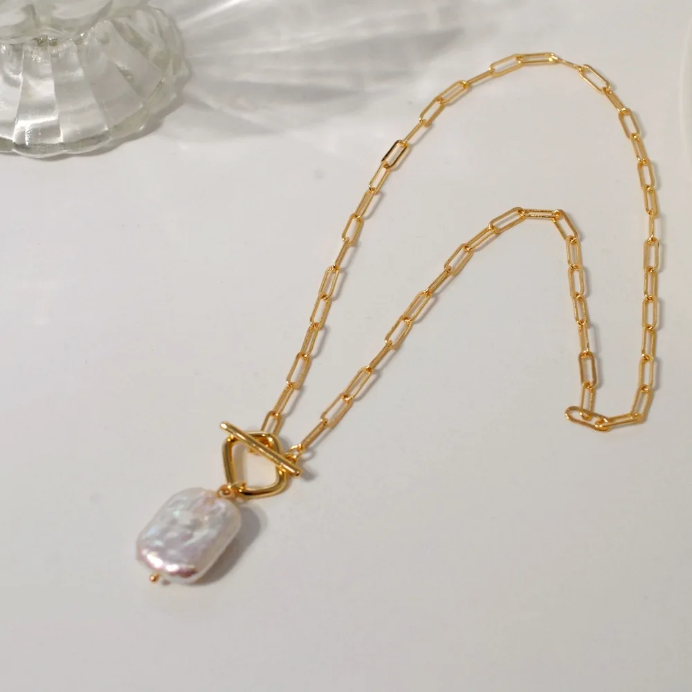 18K Gold-Plated Paperclip Chain Necklace with Baroque Pearl Pendant