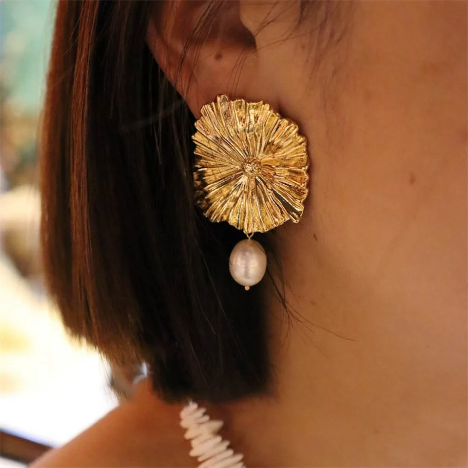 Gold Textured Floral Earrings with Imitation Pearls – Statement Earrings for Women