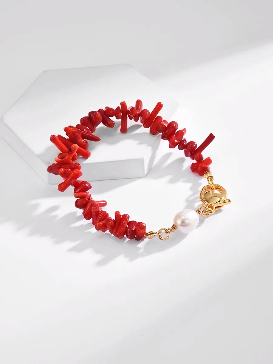 Red Coral Stone & Pearl Bracelet – Gold Plated Minimal Jewelry