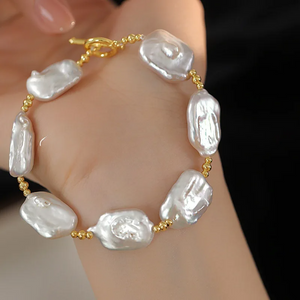 Handmade Baroque Freshwater Pearl Bracelet with 18K Gold-Plated Beads