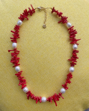 Handmade Red Coral & Pearl Necklace – Boho Beach Gemstone Jewelry for Women