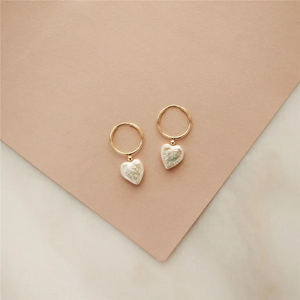 Handmade freshwater pearl heart earrings with gold-plated hoops