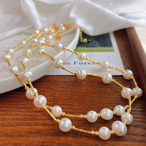 Elegant Freshwater Pearl Necklace & Bracelet Set – 18K Gold Plated accents