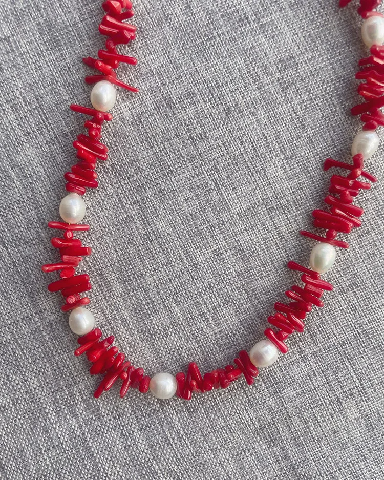 Handmade Red Coral & Pearl Necklace – Boho Beach Gemstone Jewelry for Women