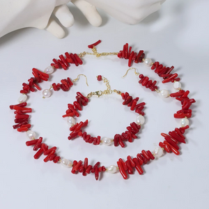 Red Coral & Pearl Jewelry Set – Handmade Boho Necklace, Bracelet & Earrings
