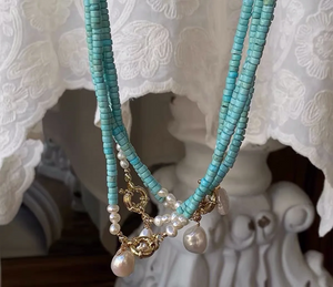 Turquoise Beaded Necklace with Freshwater Pearl Pendant – Gold Accent