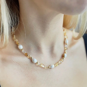 Elegant Freshwater Pearl & Citrine Beaded Necklace – Gold Accents