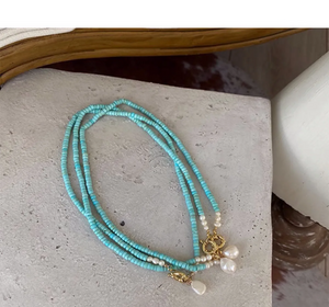 Turquoise Beaded Necklace with Freshwater Pearl Pendant – Gold Accent
