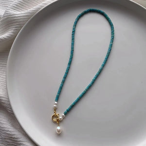 Turquoise Beaded Necklace with Freshwater Pearl Pendant – Gold Accent