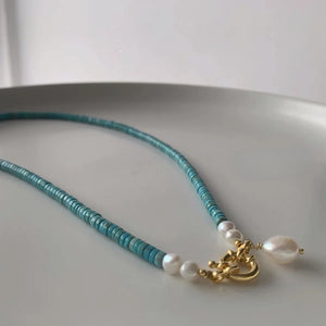 Turquoise Beaded Necklace with Freshwater Pearl Pendant – Gold Accent