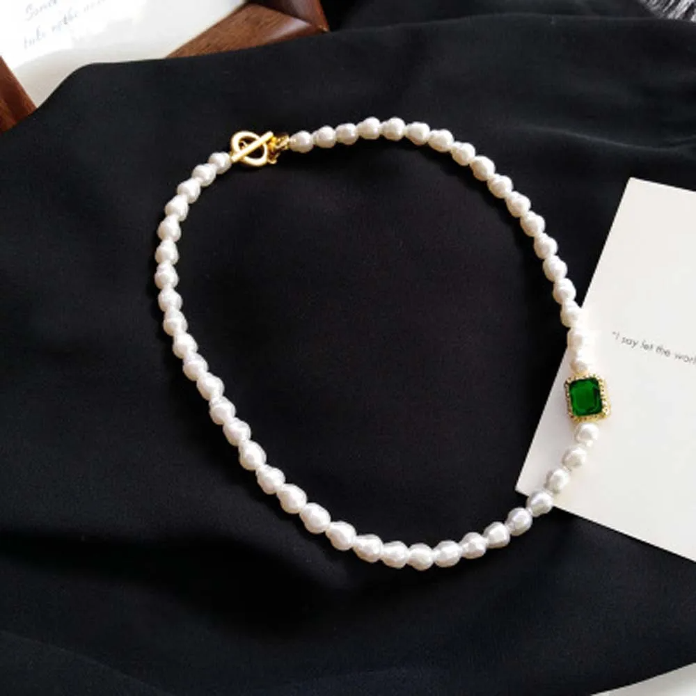 Elegant Freshwater Pearl Necklace with Green Crystal & Gold-Plated Toggle Clasp