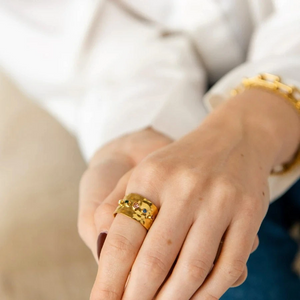 Cubic Zirconia Stone Crystal Wide Band Ring for Women – Waterproof 18K Gold Plated Jewelry