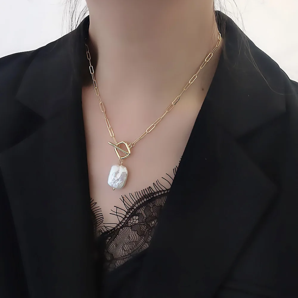 18K Gold-Plated Paperclip Chain Necklace with Baroque Pearl Pendant