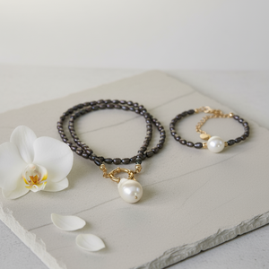 Black Freshwater Pearl Necklace with White Baroque Pendant & Gold-Plated Accents