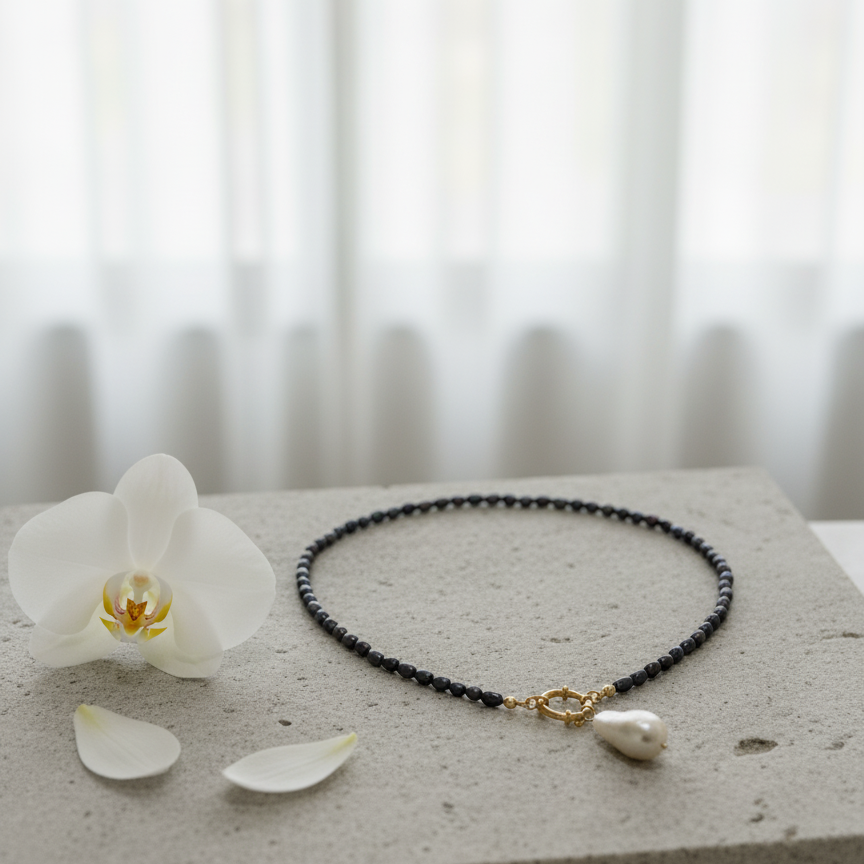 Black Freshwater Pearl Necklace with White Baroque Pendant & Gold-Plated Accents